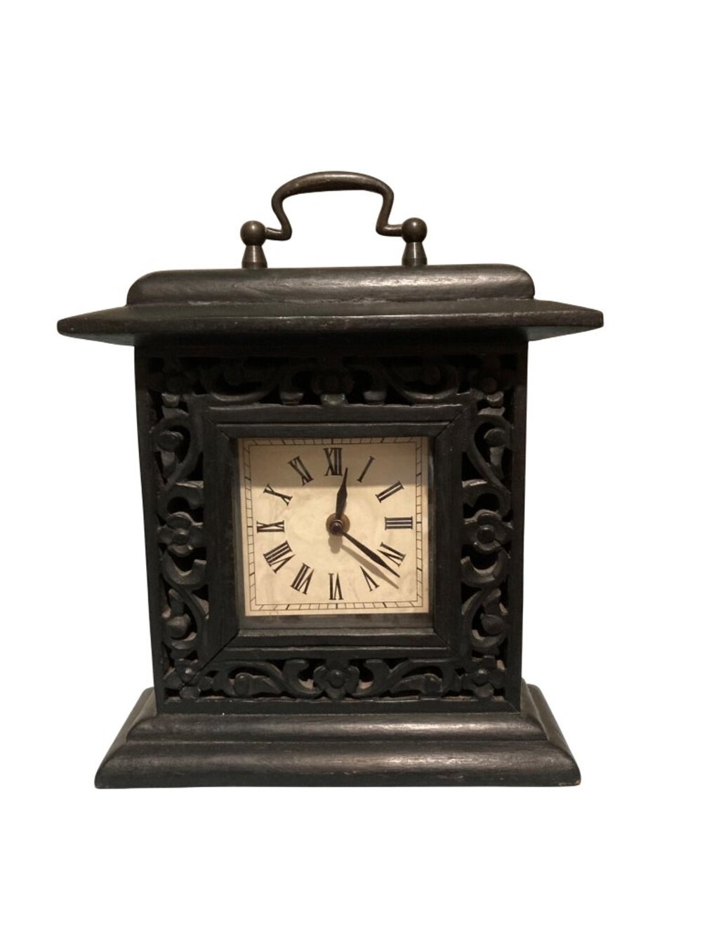 Vintage Black Carved Wood Ornamental Mantel Clock Intricate Floral Scrollwork